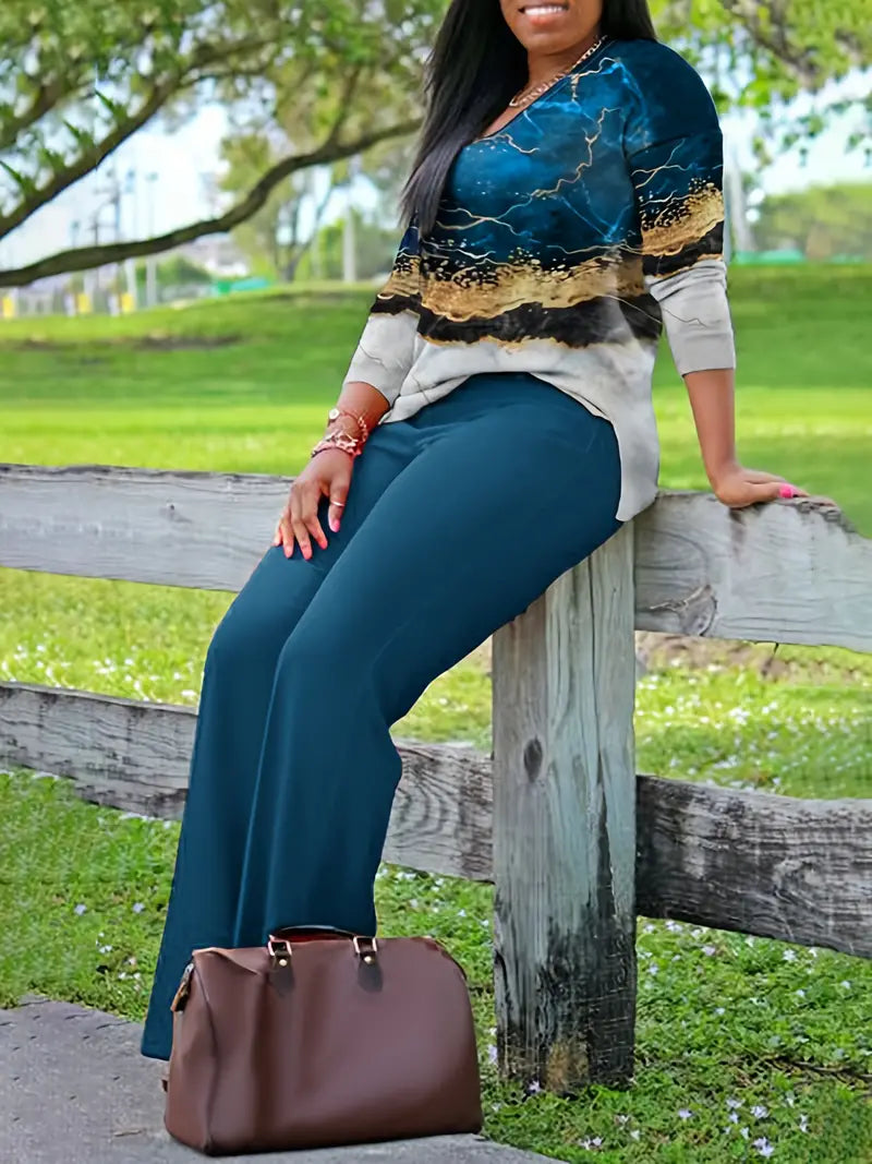 Plus Size Colorblock Marble Print Long Sleeve Top and Side Split Pants Outfits Set