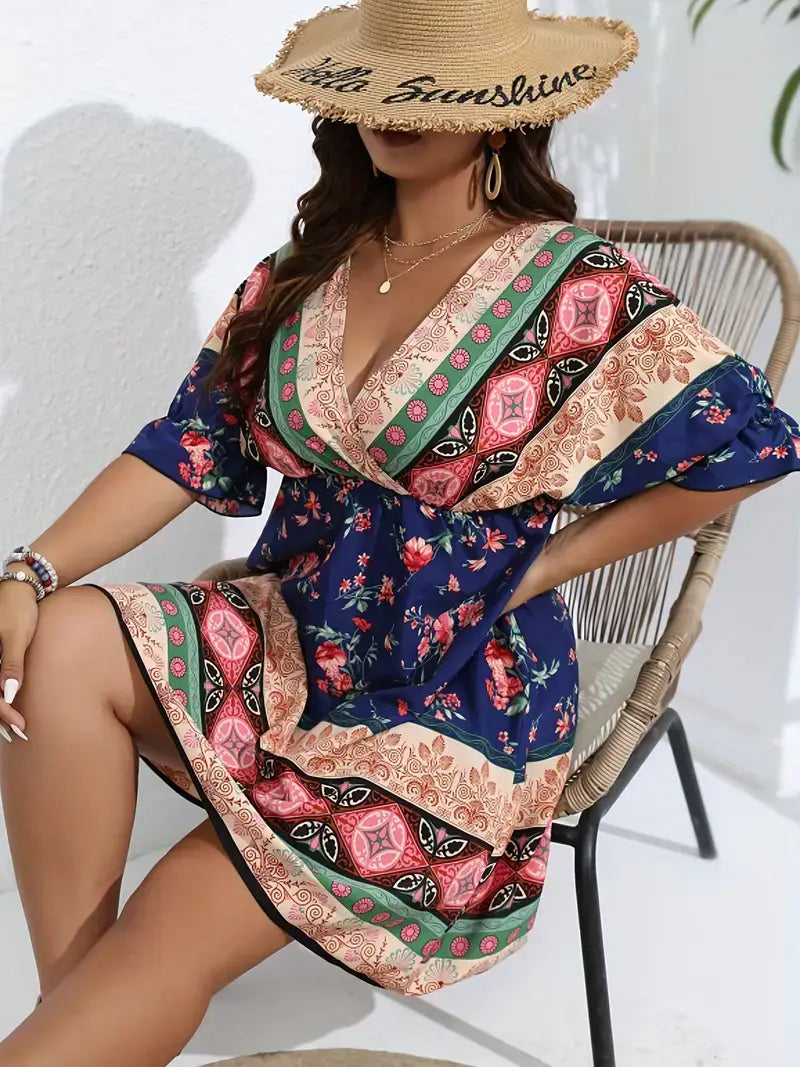 Plus Size Boho Dress, Women's Plus Tribal & Floral Print