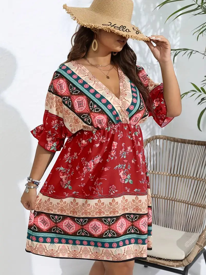 Plus Size Boho Dress, Women's Plus Tribal & Floral Print