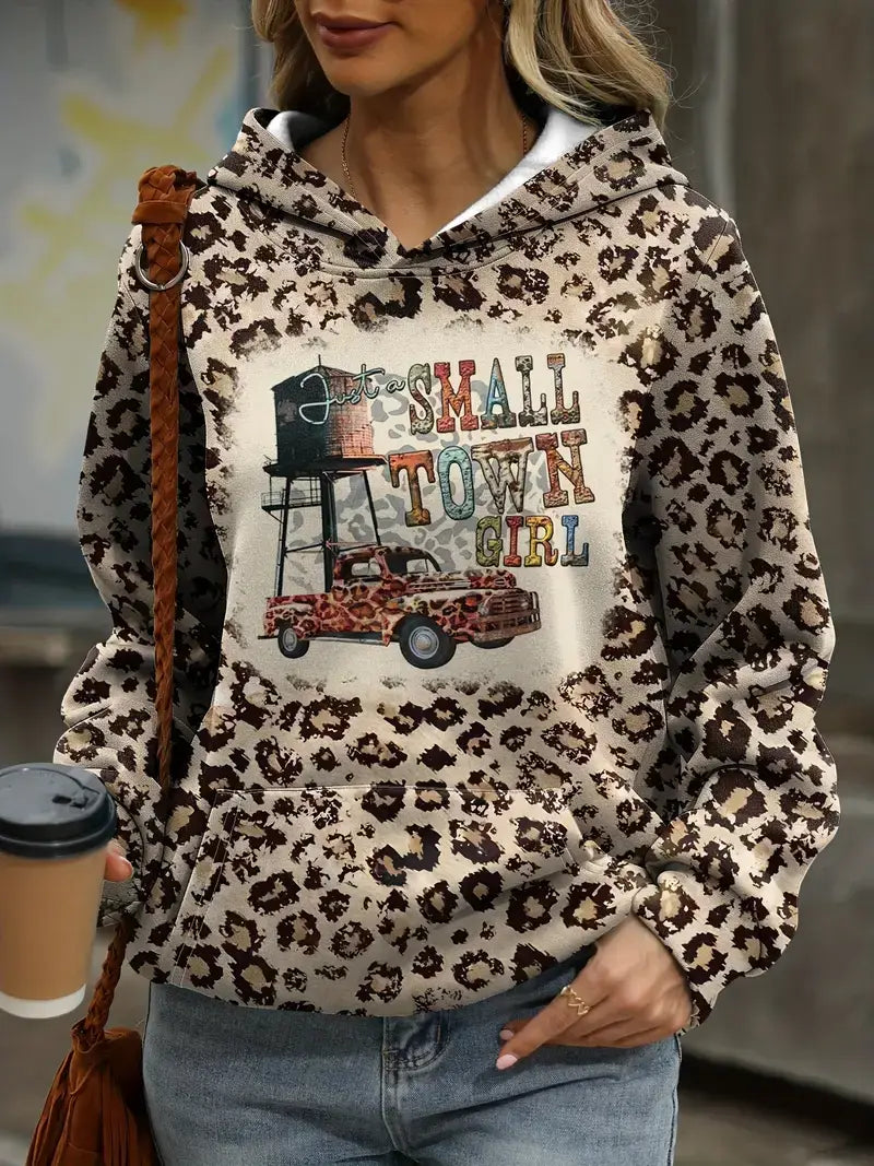 Plus Size Casual Hoodie, Women's Plus Leopard & Letter Print