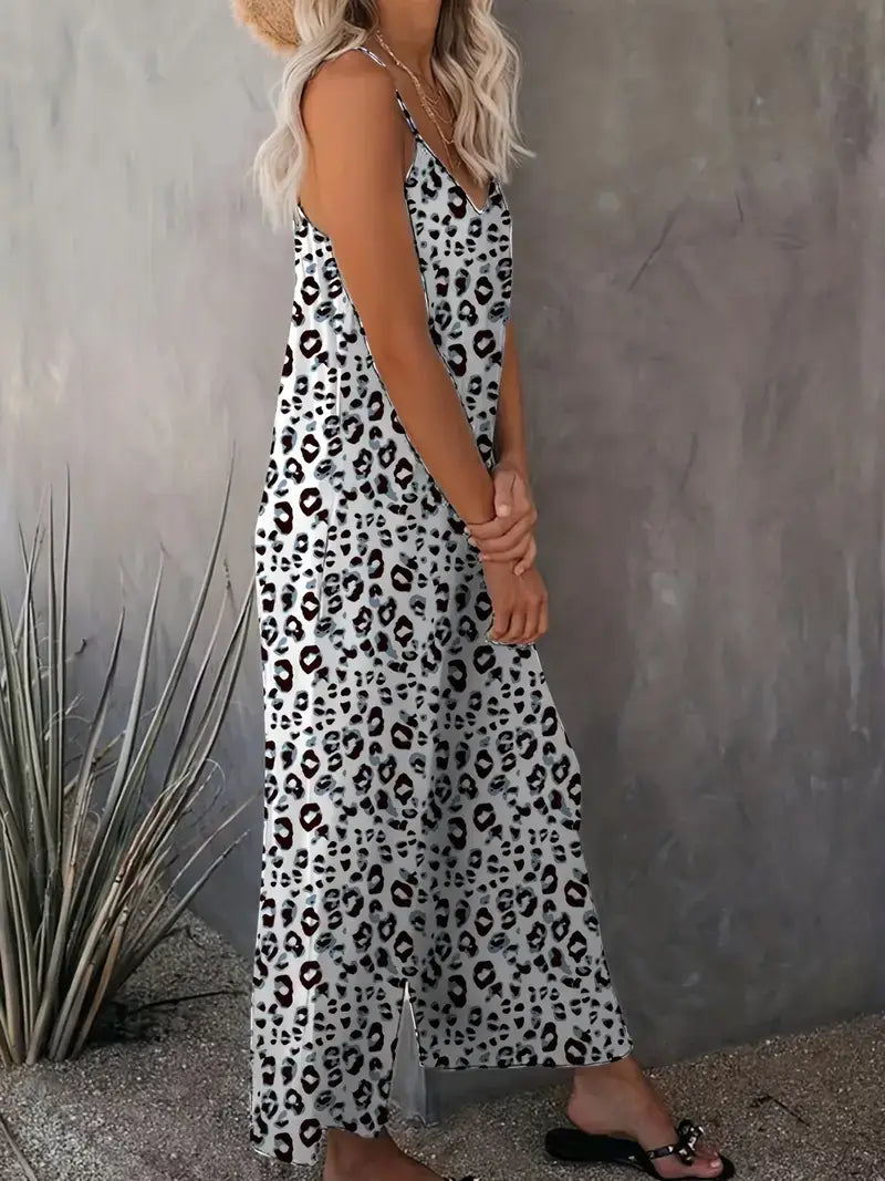 Plus Size Casual Jumpsuit, Women's Plus Leopard Print