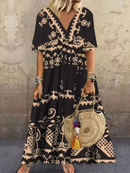 Plus Size Boho Dress, Women's Plus Geometric Print V Neck