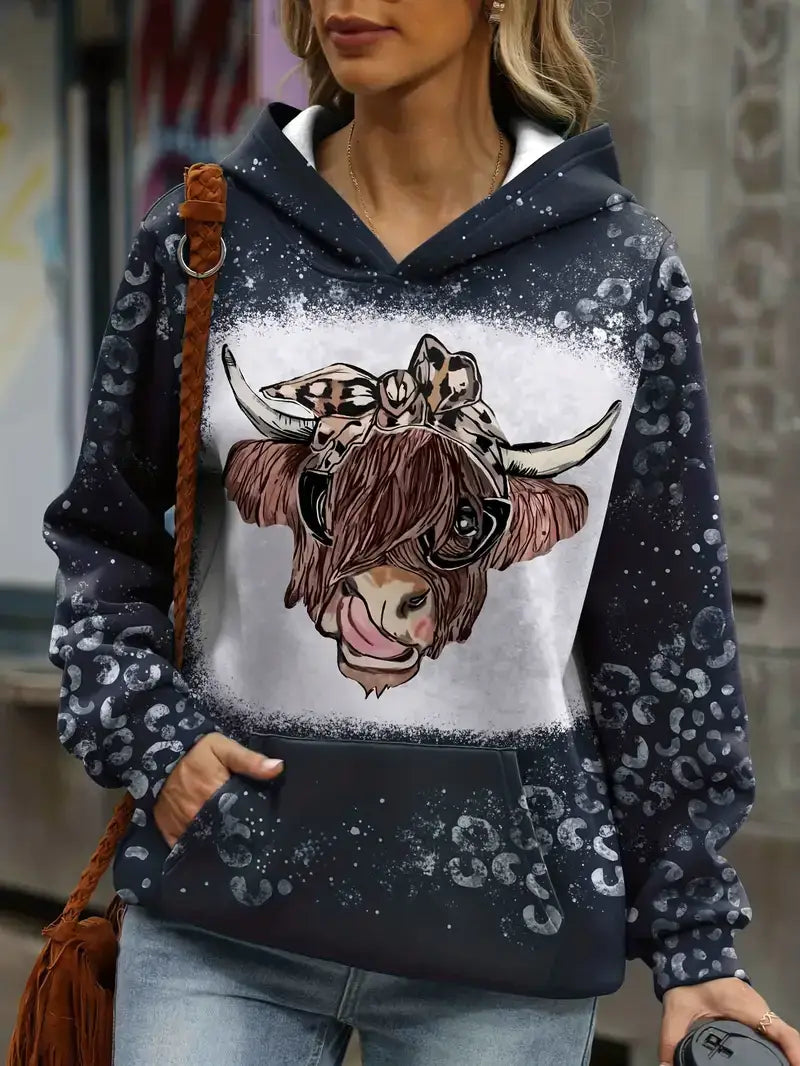 Plus Size Casual Sweatshirt, Women's Plus Funny Cow Head