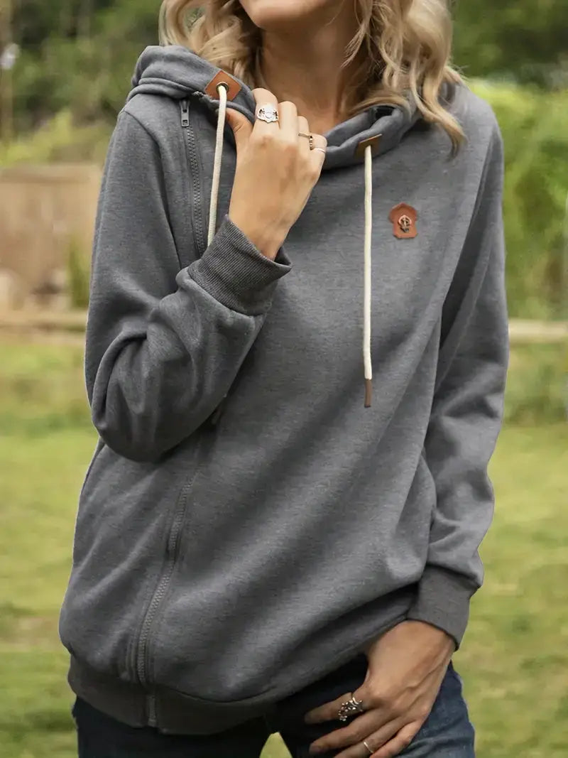 Plus Size Casual Sweatshirt, Women's Plus Solid Zipper Front