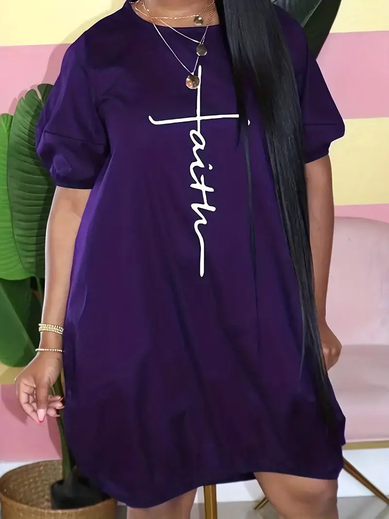 Plus Size Casual Dress,Women's Plus Letter Print Puff Sleeve