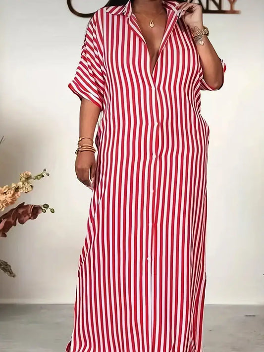 Plus Size Casual Dress, Women's Plus Stripe Print Button Up