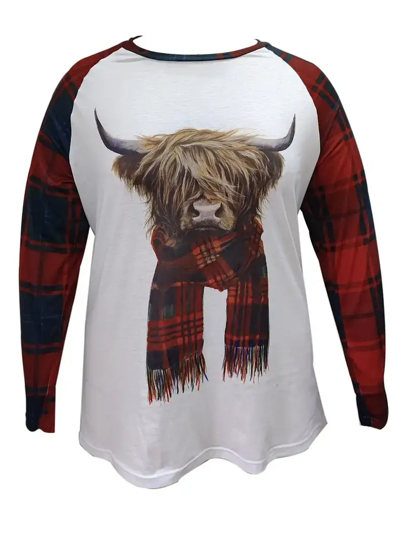 Plus Size Casual T-shirt,Women's Plus Colorblock Plaid & Cow