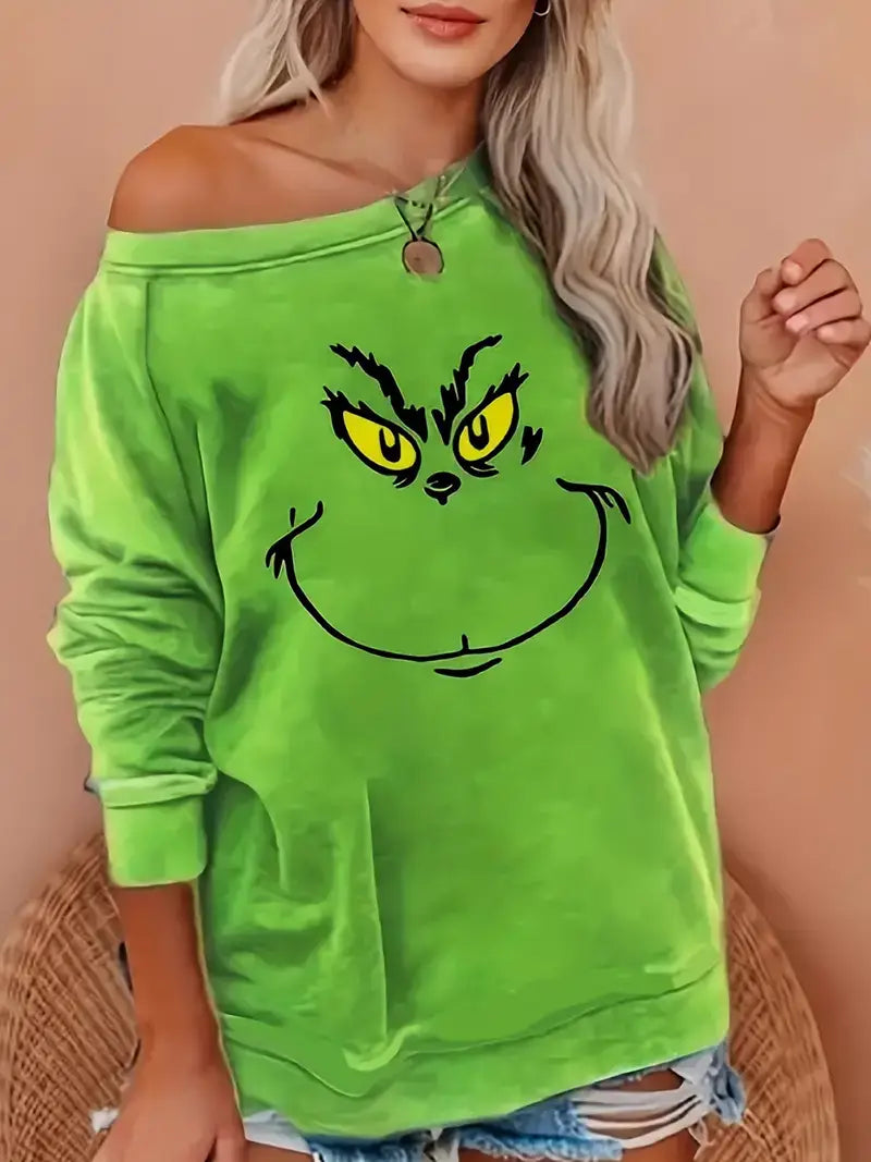 Plus Size Casual Sweatshirt,Women's Plus Funny Cartoon Print