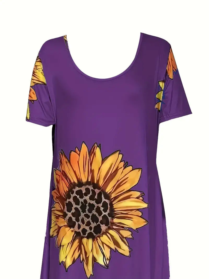Plus Size Casual Dress, Women's Plus Sunflower Print Dress