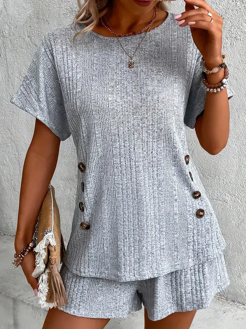 Plus Size Casual Outfits Set, Women's Plus Button