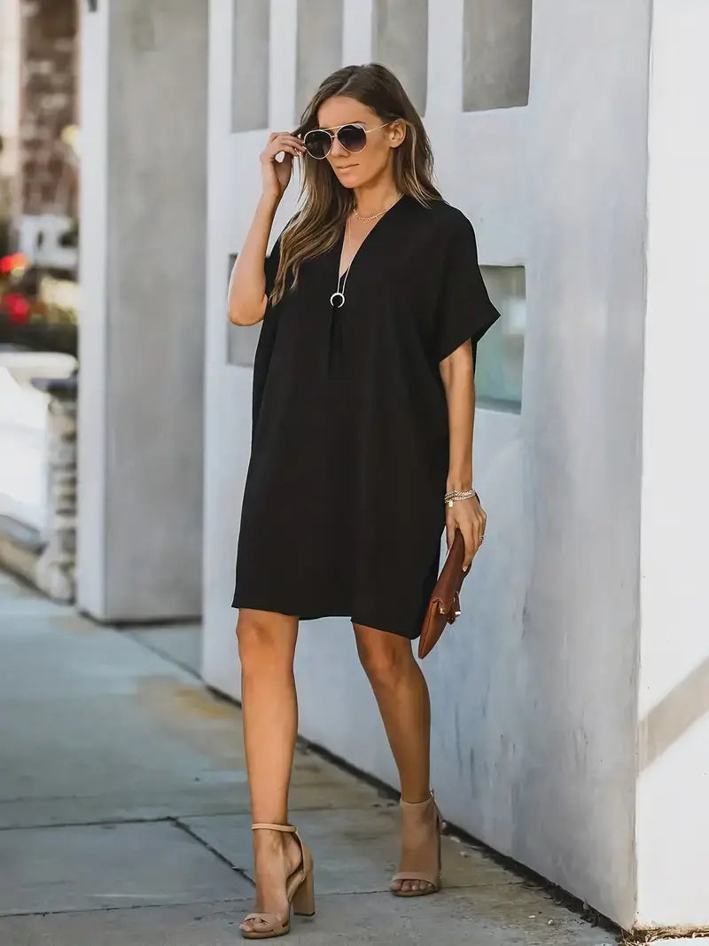 Plus Size Elegant Dress,Women's Plus Solid Bat Sleeve V Neck