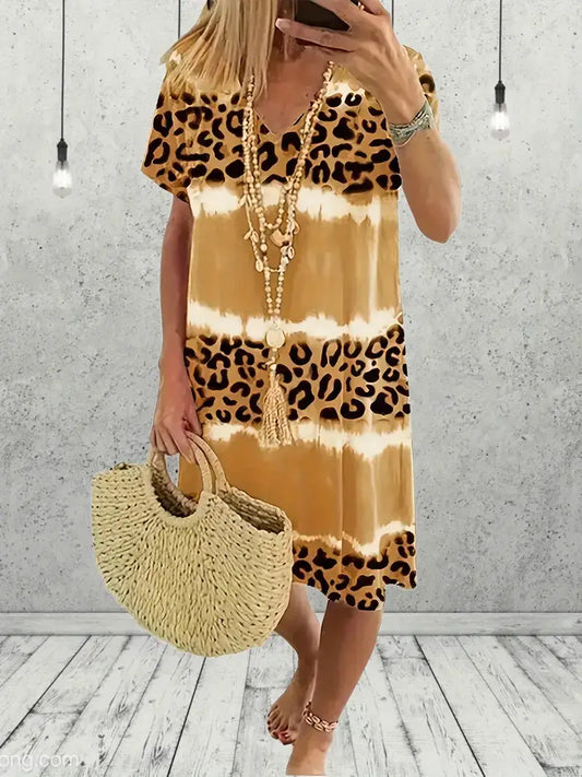 Plus Size Casual Dress, Women's Plus Tie Dye Leopard Dress