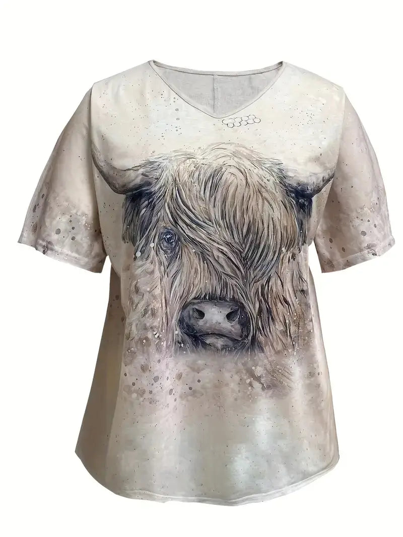 Plus Size Casual T-shirt, Women's Plus Cow Head Print
