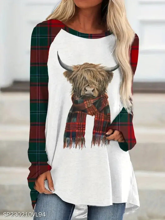 Plus Size Casual T-shirt,Women's Plus Colorblock Plaid & Cow