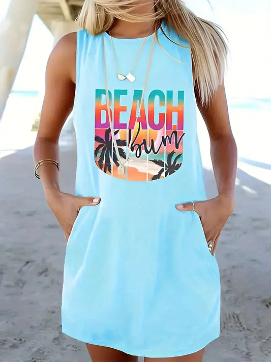 Plus Size Casual Dress, Women's Plus Beach Print Round Neck