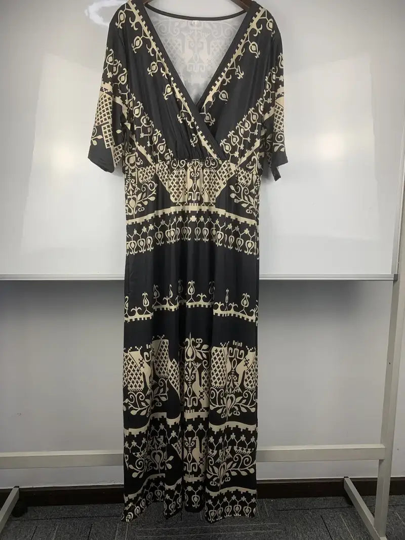 Plus Size Boho Dress, Women's Plus Geometric Print V Neck