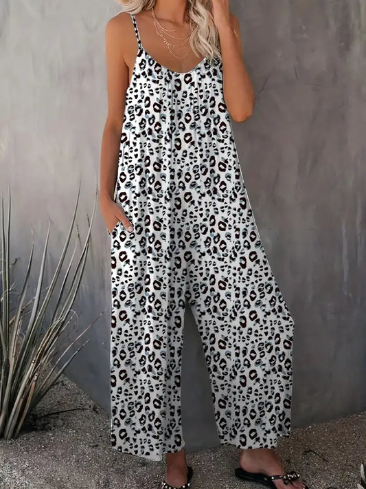 Plus Size Casual Jumpsuit, Women's Plus Leopard Print