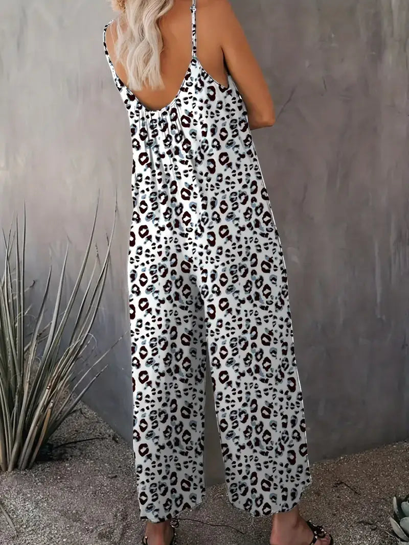 Plus Size Casual Jumpsuit, Women's Plus Leopard Print