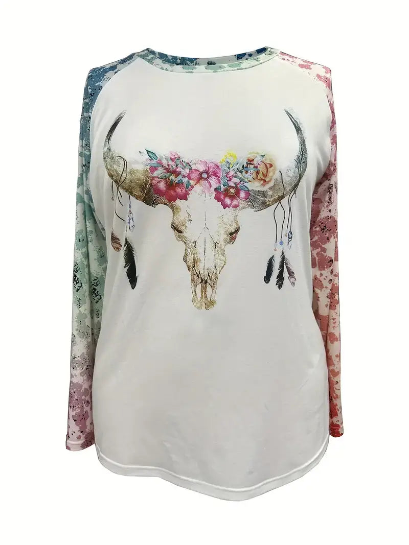 Plus Size Casual Sweatshirt,Women's Plus Leopard & Cow Skull