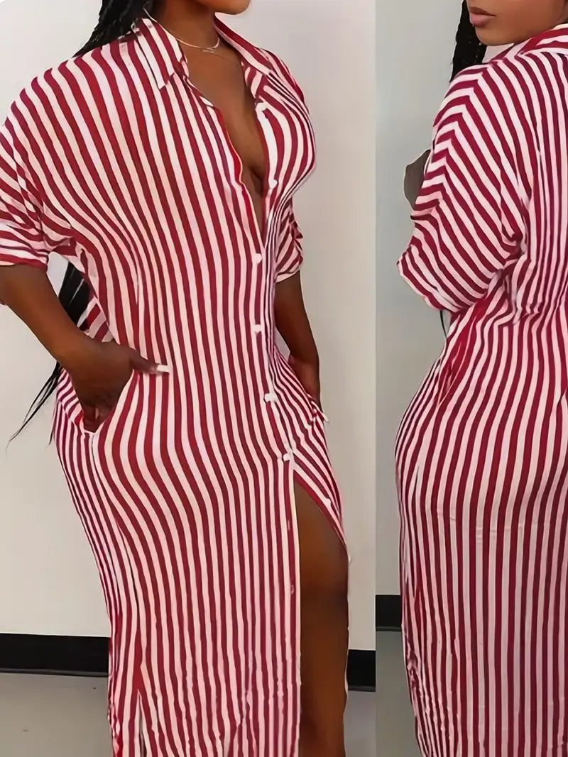 Plus Size Casual Dress, Women's Plus Stripe Print Button Up