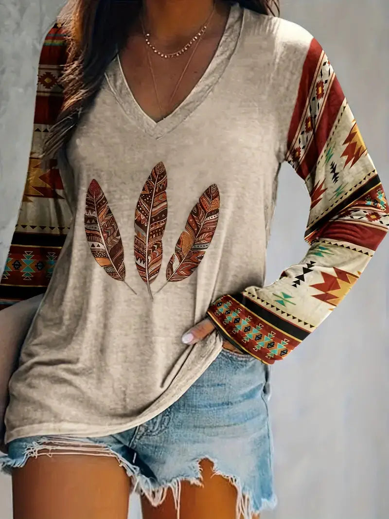 Plus Size Boho T-shirt, Women's Plus Feather & Southwestern