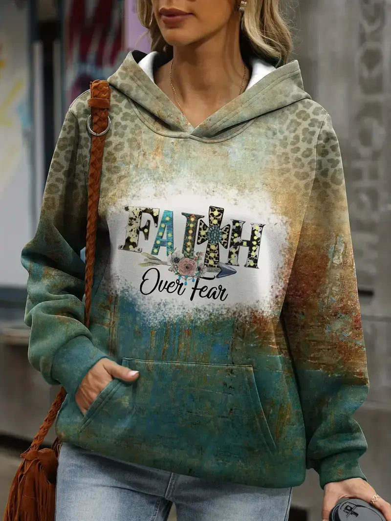 Plus Size Casual Hoodie,Women's Plus Leopard & Graphic Print