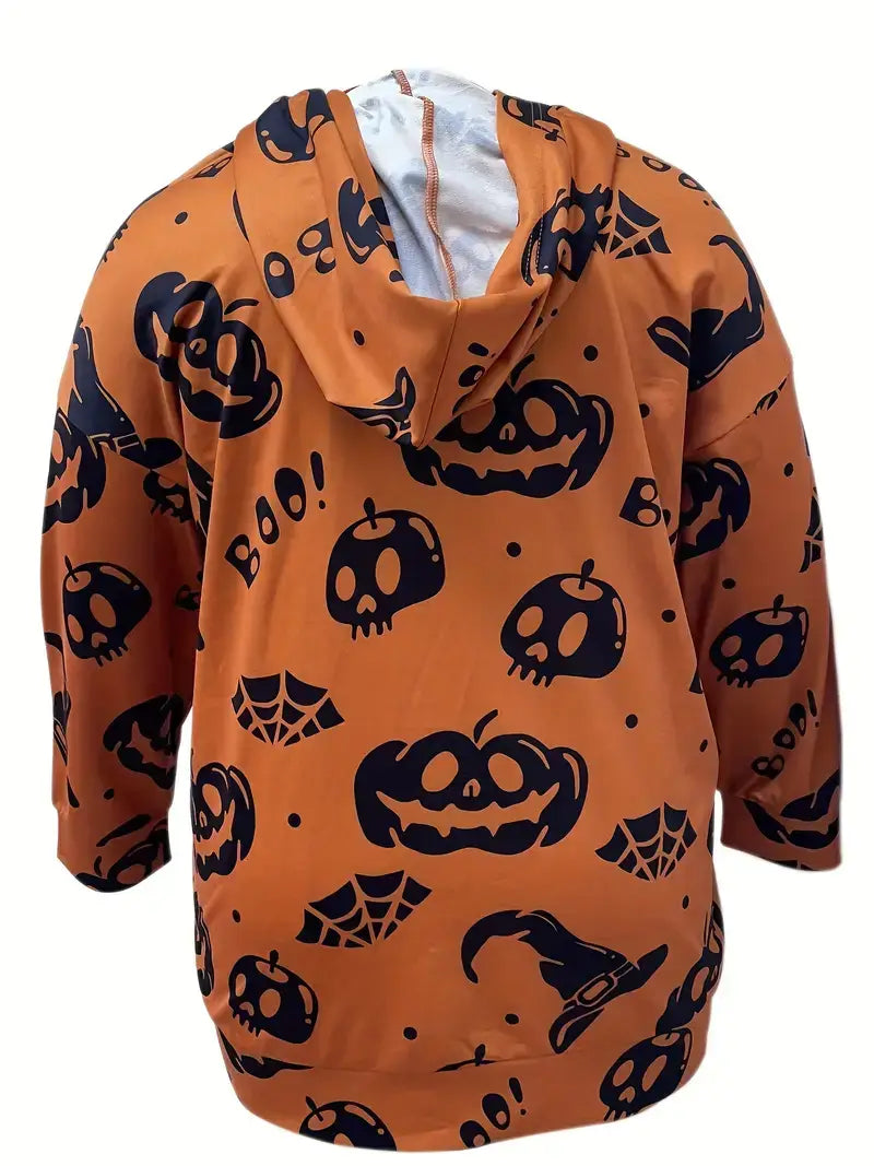 Plus Size Halloween Sweatshirt, Women's Plus Pumpkin & Skull