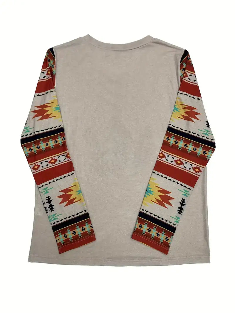 Plus Size Boho T-shirt, Women's Plus Feather & Southwestern