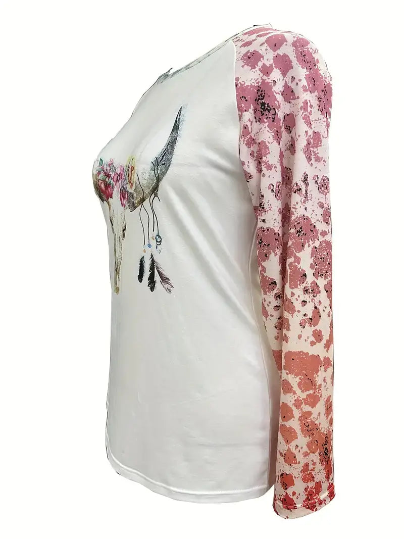 Plus Size Casual Sweatshirt,Women's Plus Leopard & Cow Skull