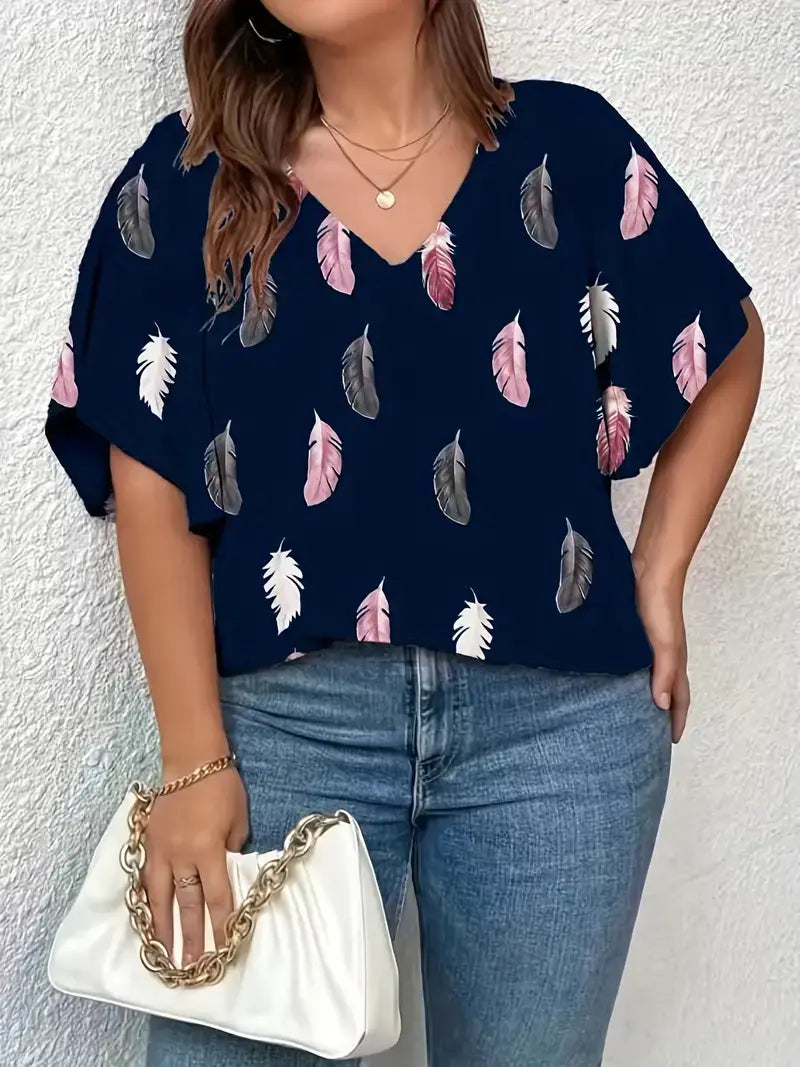 Plus Size Casual T-shirt, Women's Plus Feather Print V Neck