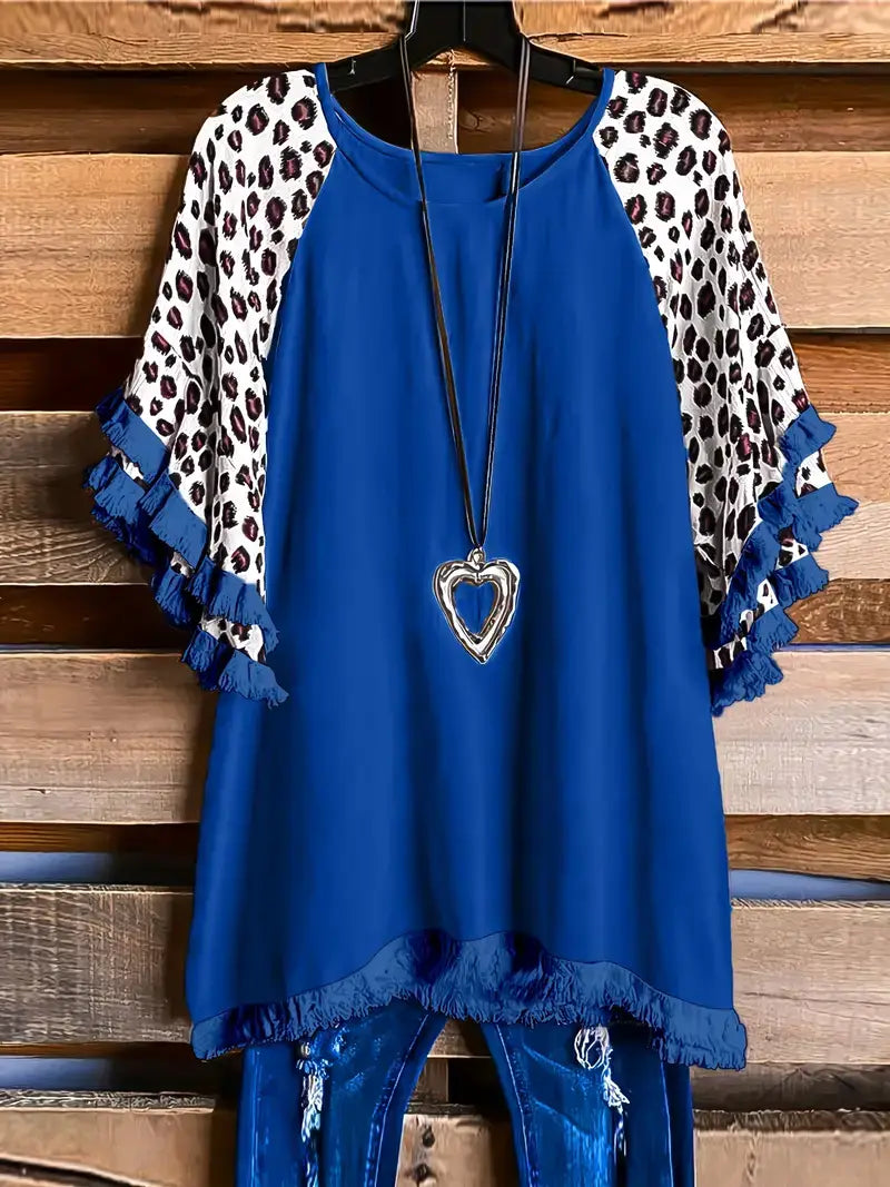 Plus Size Boho T-shirt,Women's Plus Colorblock Leopard Print