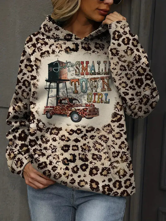 Plus Size Casual Hoodie, Women's Plus Leopard & Letter Print