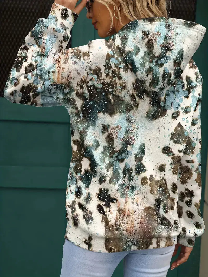 Plus Size Casual Sweatshirt, Women's Plus Colorblock Leopard