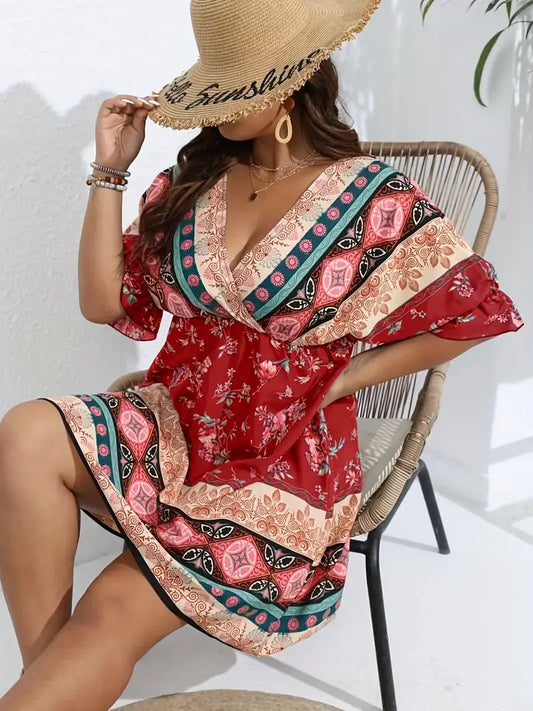 Plus Size Boho Dress, Women's Plus Tribal & Floral Print