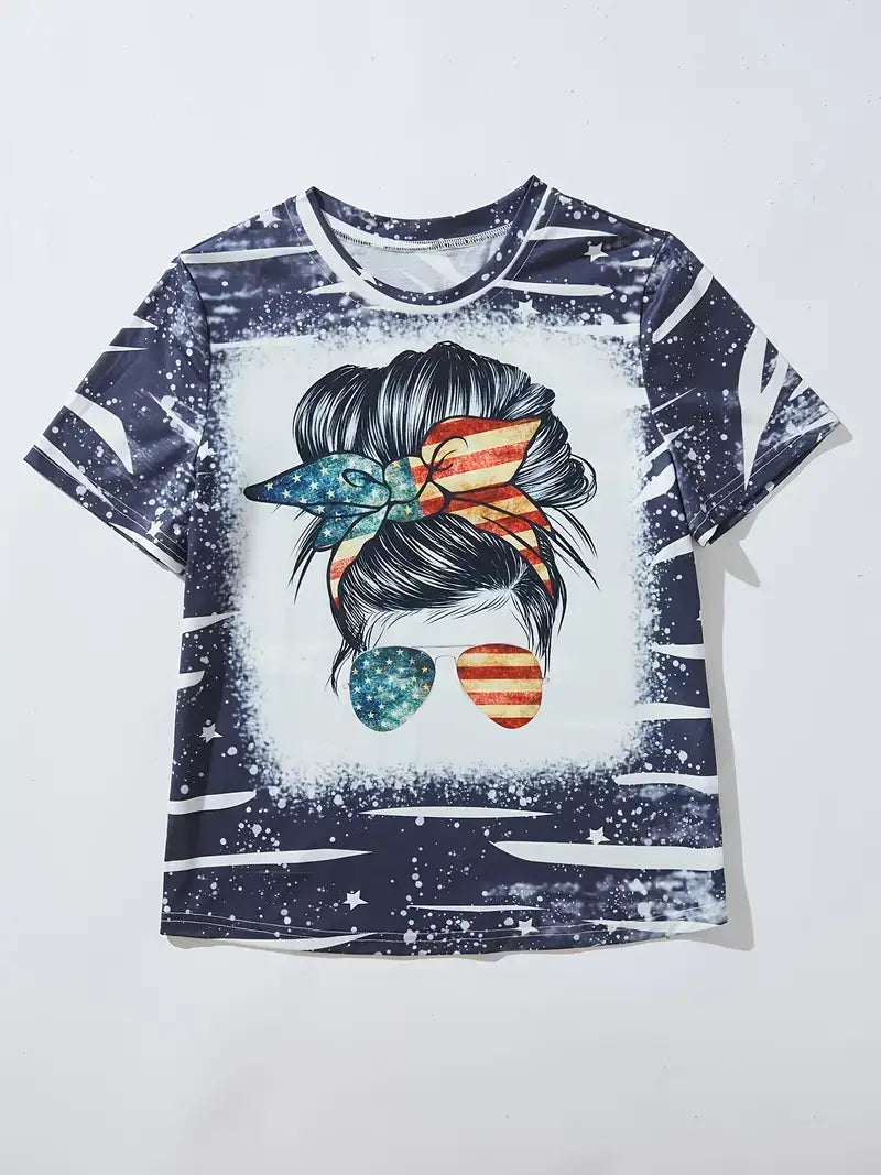 Plus Size Cartoon Print Colorblock Round Neck T-shirt