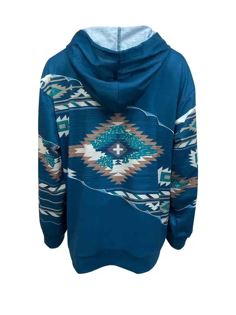 Women's Plus Size Colorblock Southwestern Print Hoodie