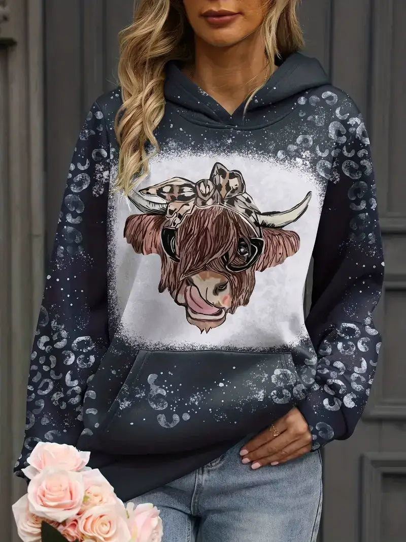 Plus Size Casual Sweatshirt, Women's Plus Funny Cow Head