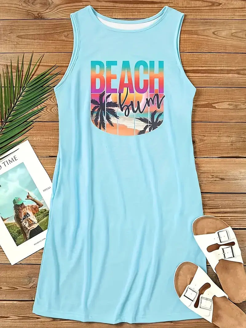 Plus Size Casual Dress, Women's Plus Beach Print Round Neck