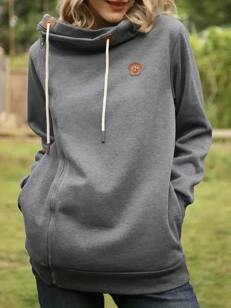 Plus Size Casual Sweatshirt, Women's Plus Solid Zipper Front