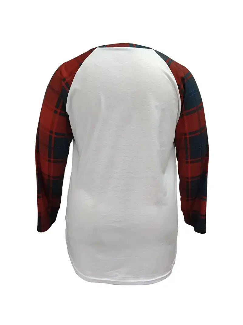 Plus Size Casual T-shirt,Women's Plus Colorblock Plaid & Cow