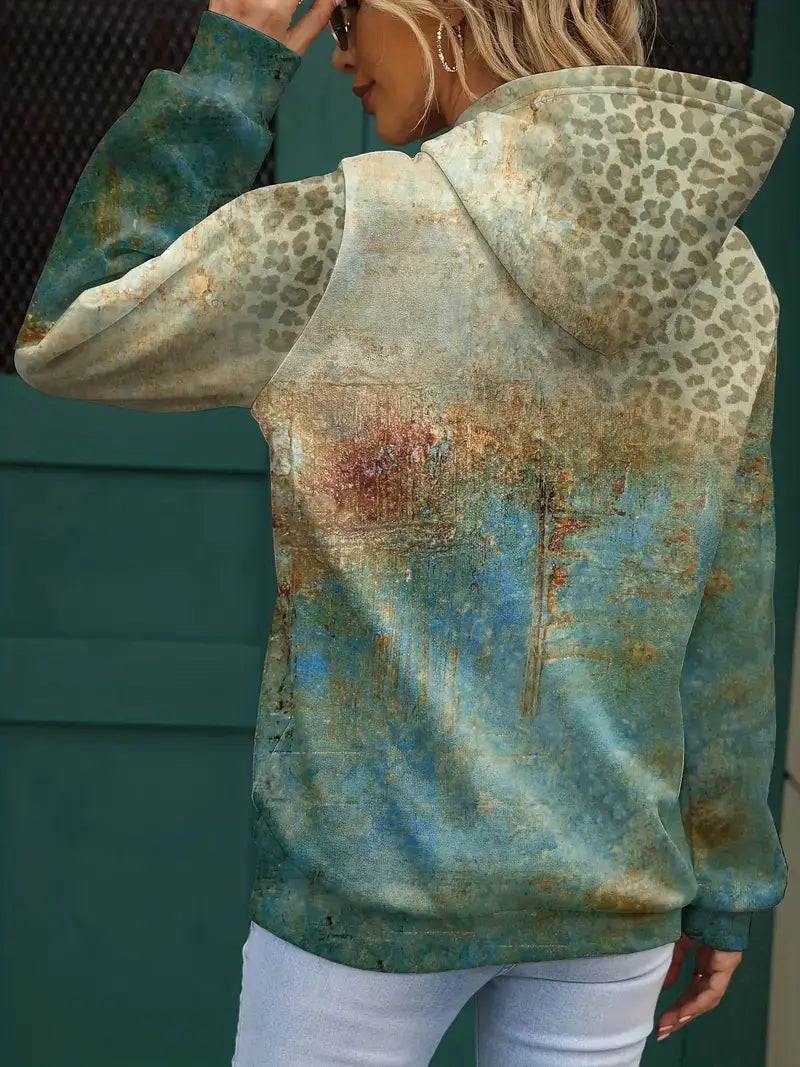 Plus Size Casual Hoodie,Women's Plus Leopard & Graphic Print