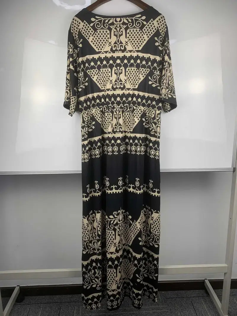 Plus Size Boho Dress, Women's Plus Geometric Print V Neck