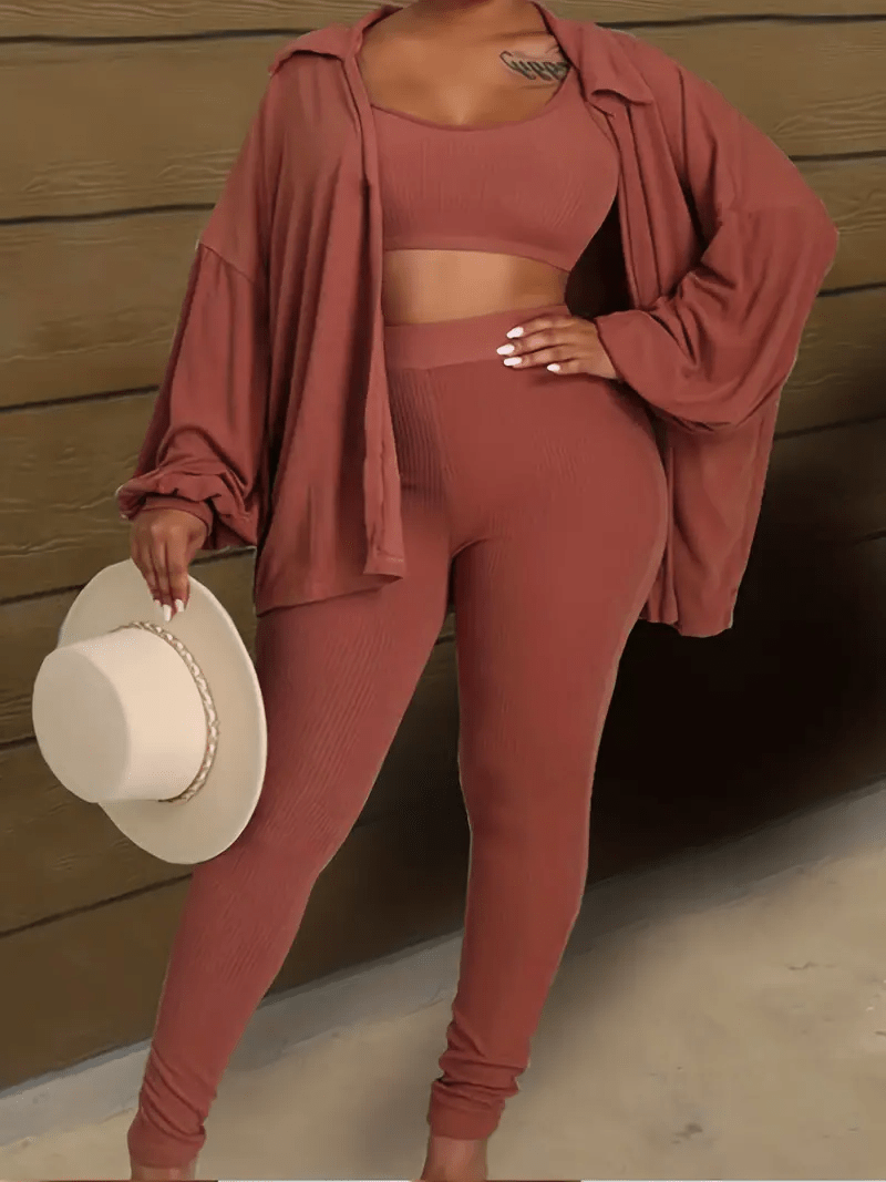 Plus Size Ribbed Crew Neck Top, Leggings And Cardigan Outfits 3 Piece Set