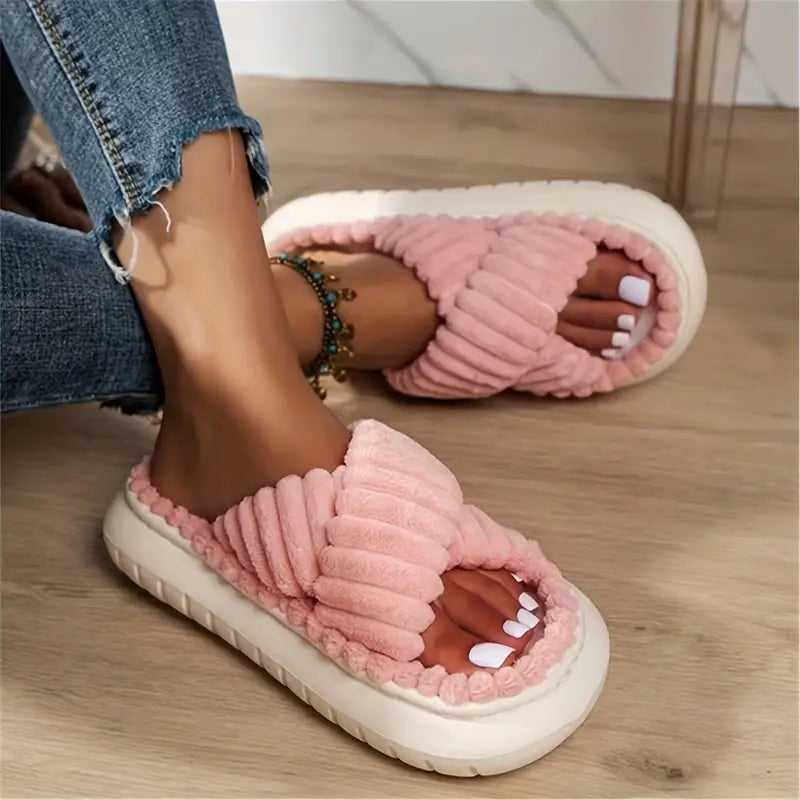 Plush Platform Cross Strap Open Toe And Indoor Anti-slip Slippers