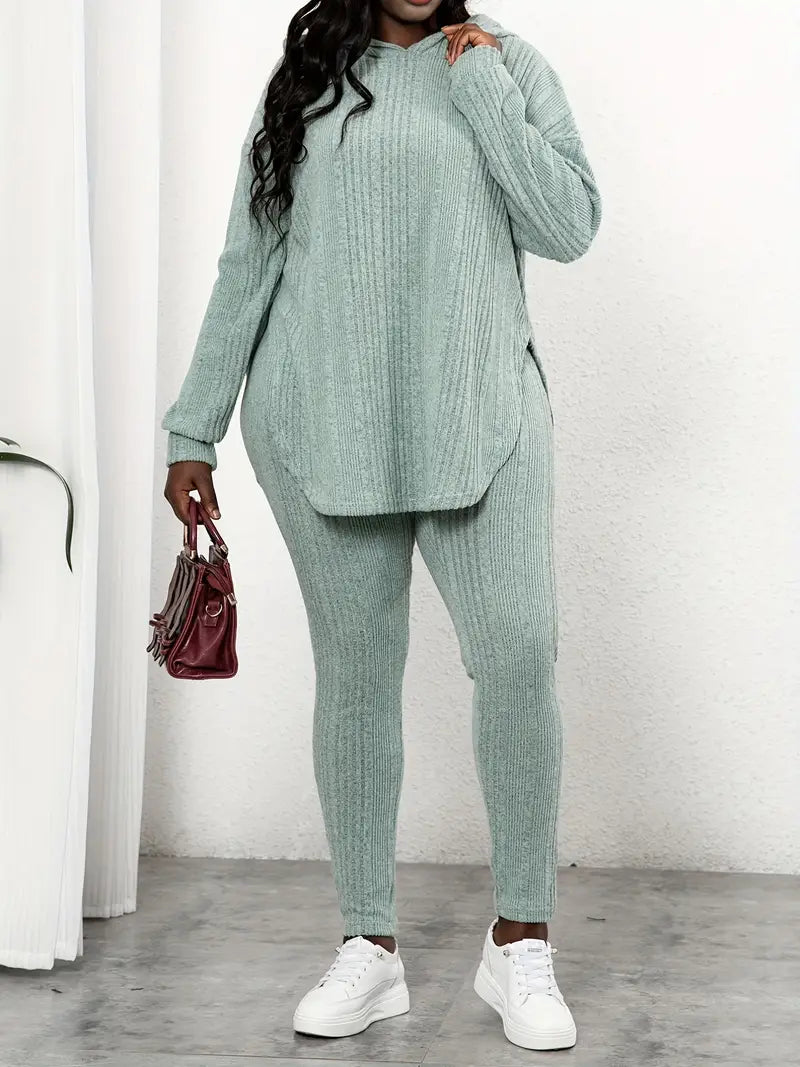 Plus Size Long Sleeve Hooded Top And Leggings Two Pieces Set