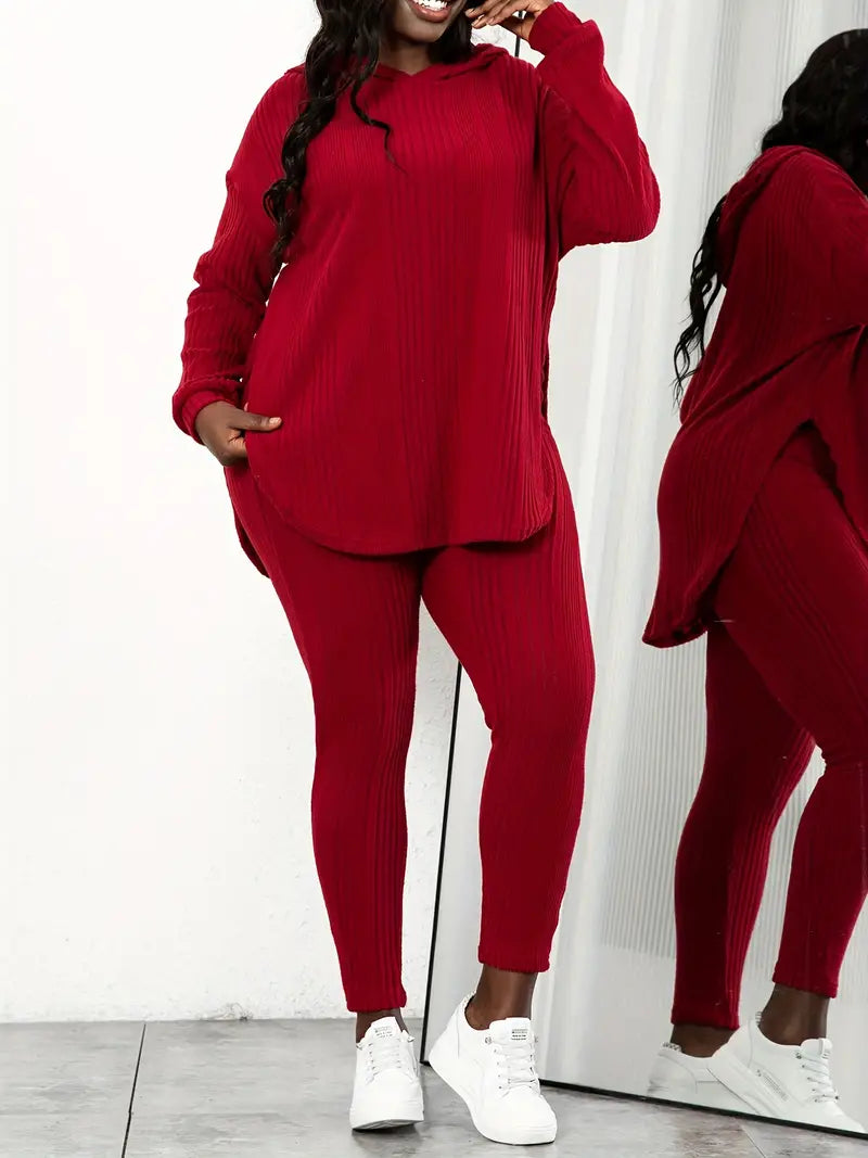 Plus Size Long Sleeve Hooded Top And Leggings Two Pieces Set