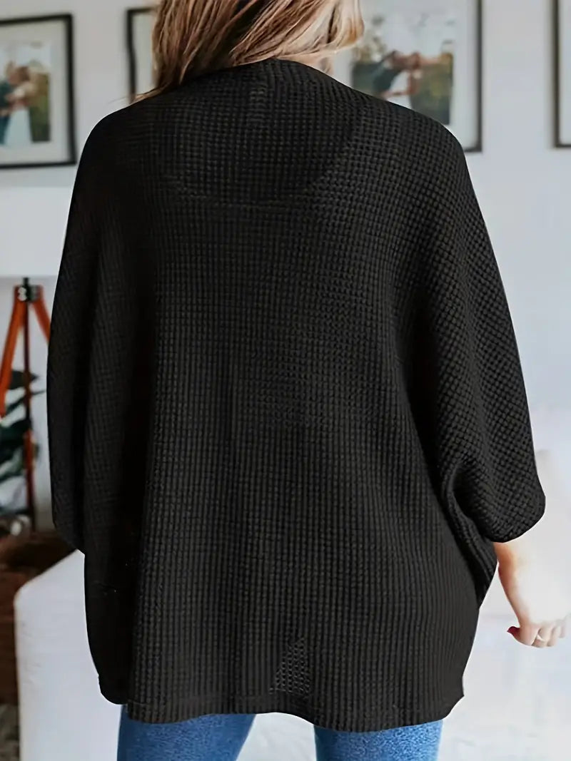 Plus Size Waffle Pattern Bat Sleeve Knit Cardigan