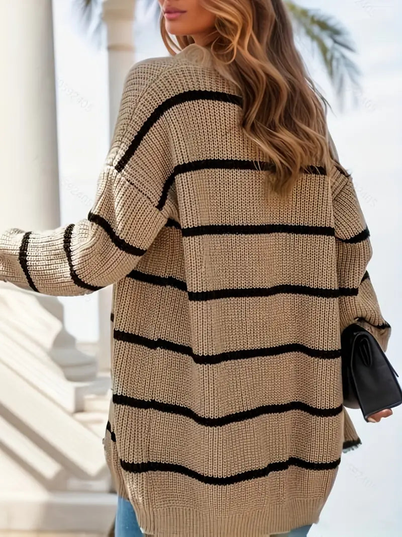 Plus Size Striped Long Sleeve Ribbed Knit Open Front Cardigan