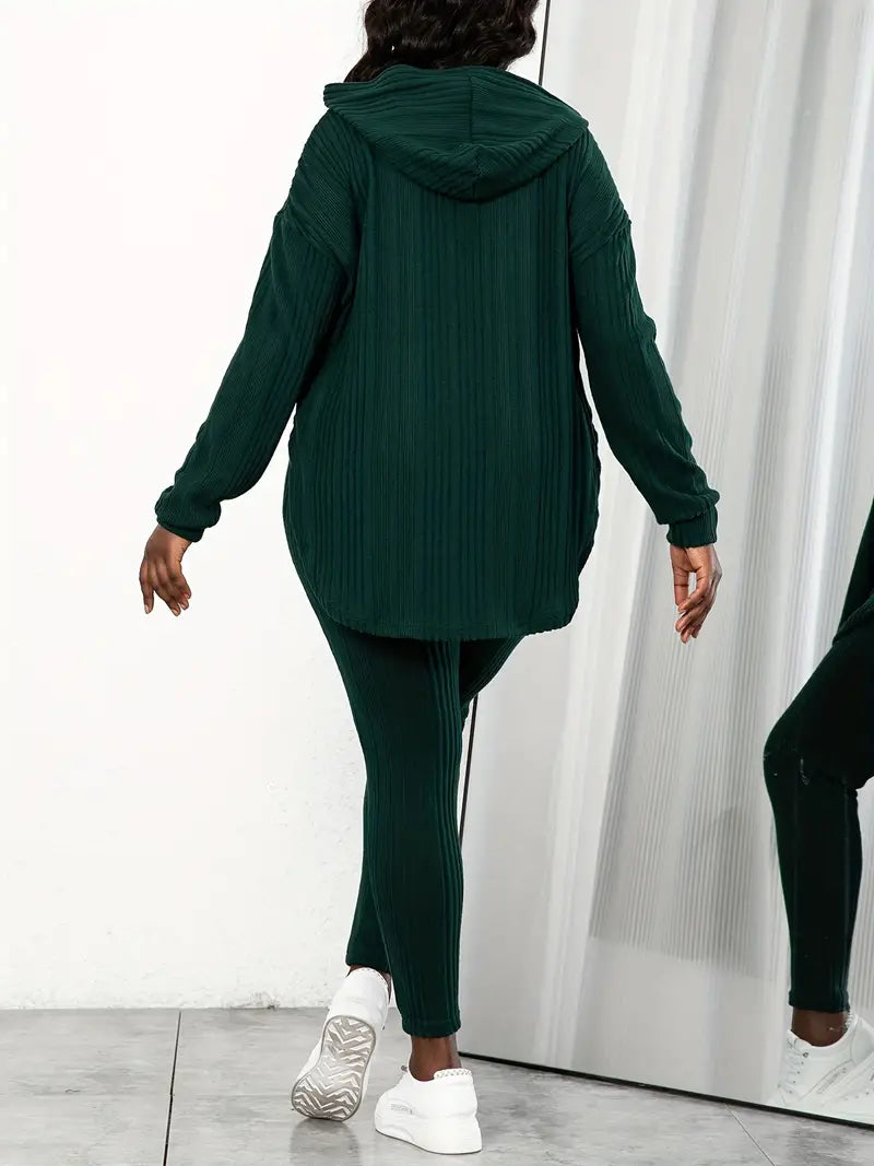 Plus Size Long Sleeve Hooded Top And Leggings Two Pieces Set