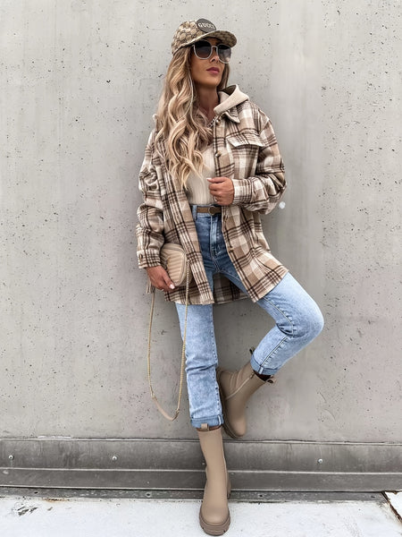 Preppy Button Plaid Drop Shoulder Jacket, Casual Long Sleeve